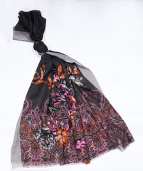Printed Black Multicolor Floral Lawn Scarf - Made in Türkiye