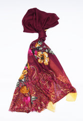 Printed Burgundy Bliss Floral Lawn Scarf - Made in Türkiye