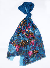 Printed Deep Teal Floral Lawn Scarf - Made in Türkiye