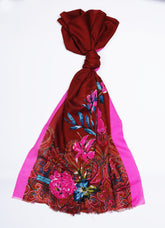 Printed Crimson Elegance Floral Lawn Scarf - Made in Türkiye