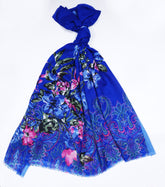 Printed Royal Sapphire Floral Lawn Scarf - Made in Türkiye