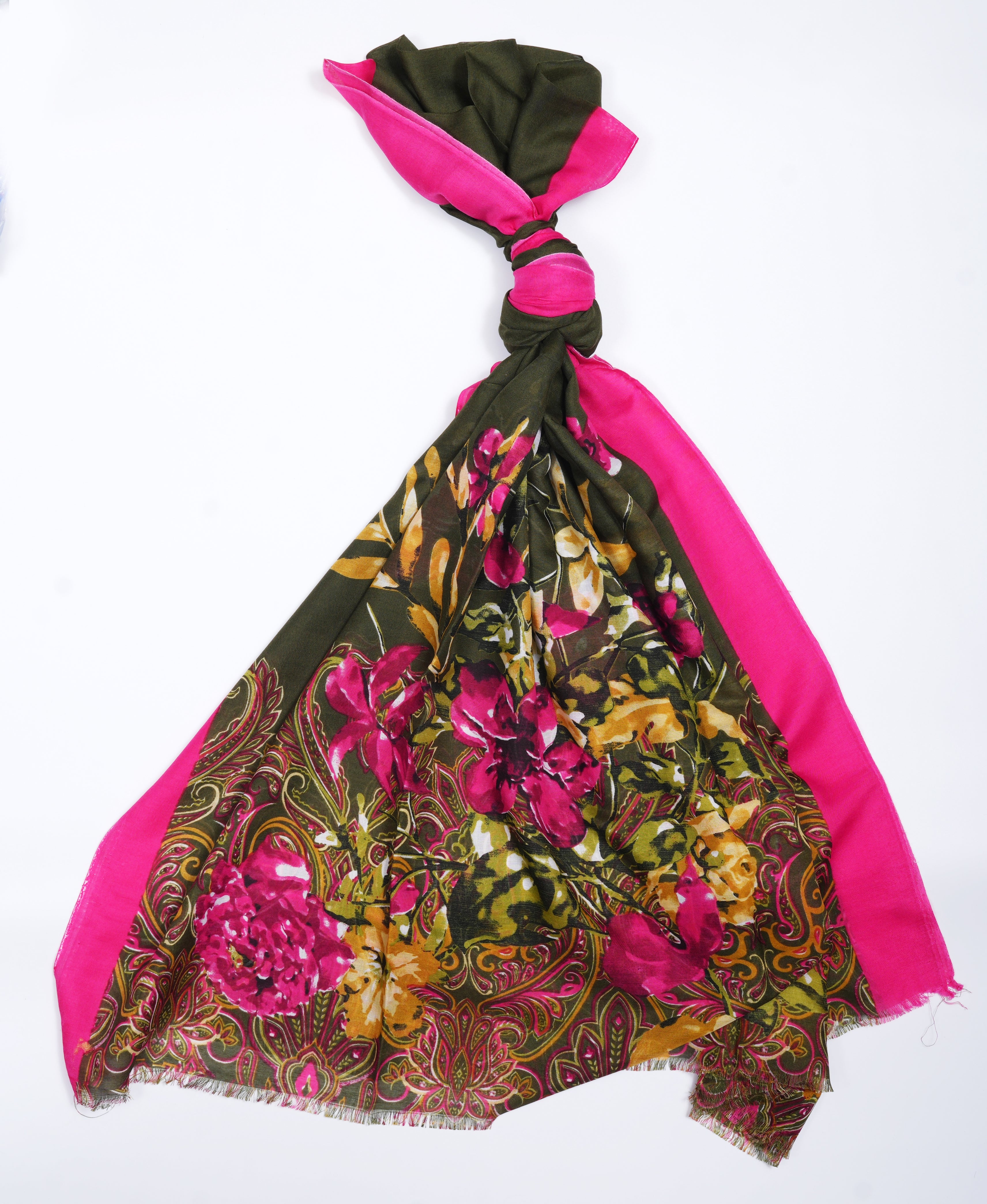 Printed Forest Green Floral Lawn Scarf - Made in Türkiye